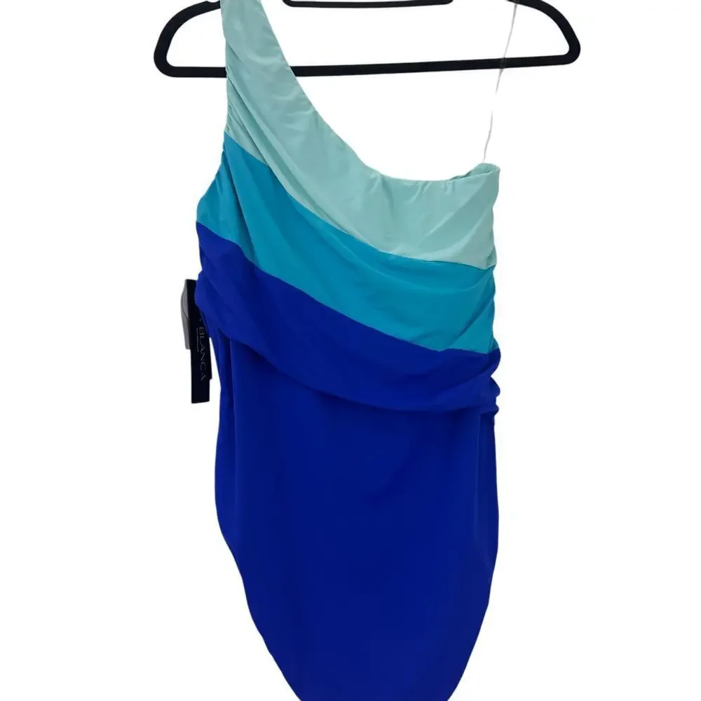La Blanca Island Goddess Ruched One-Shoulder Swimsuit Ice Blue Size 14 NWT